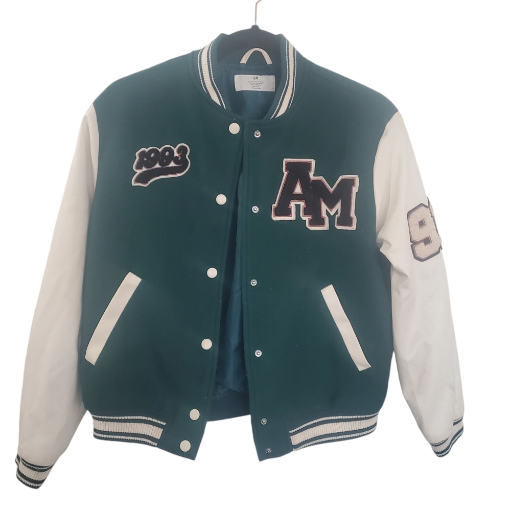 H&M Green Varsity Jacket 1993  Size 12 Rare HTF Vintage Faux Leather Letterman